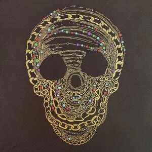 Lauren Moshi Shirt Women's Size Large Skull Chain Black Gold Short Sleeve Vintge
